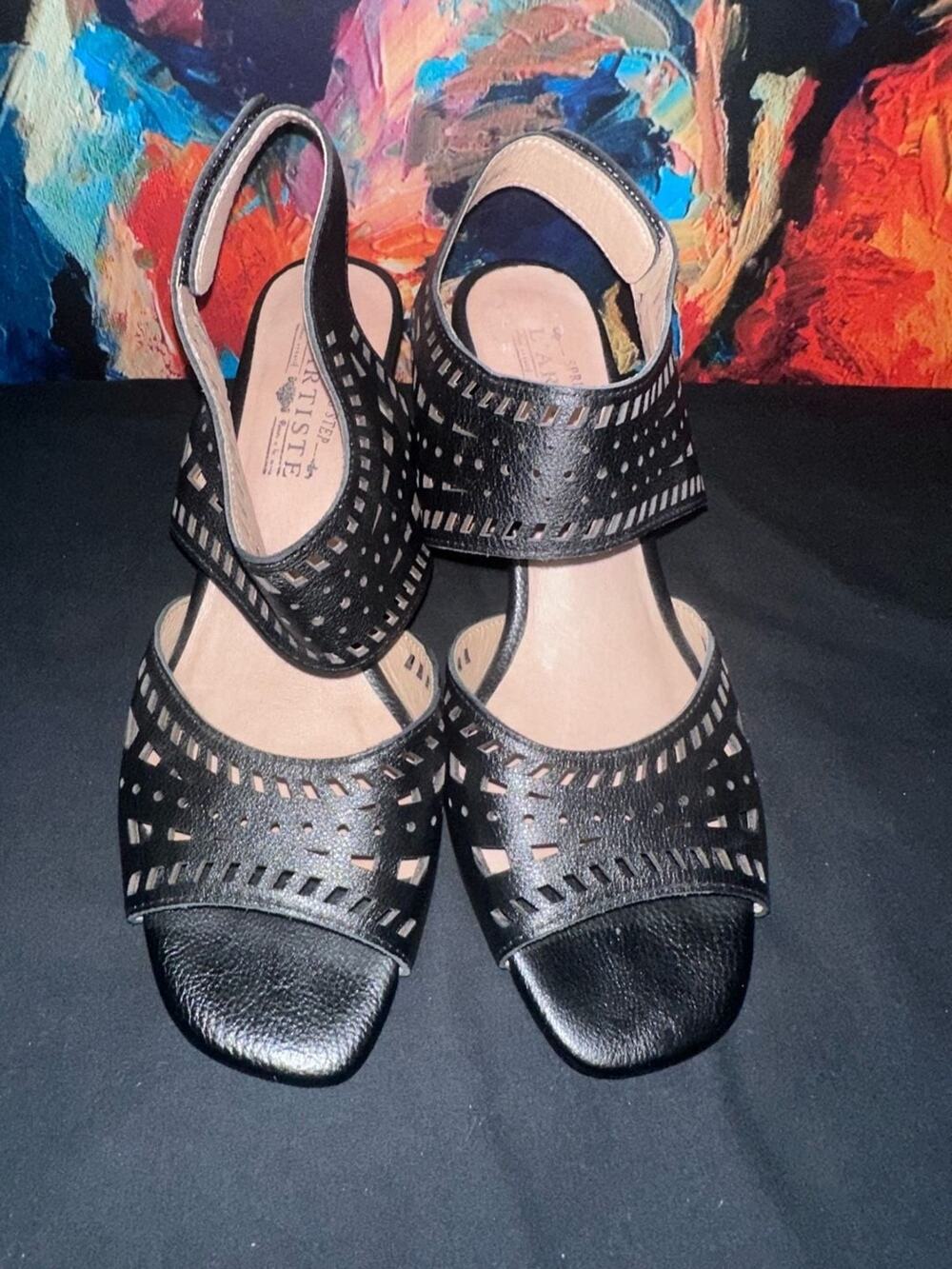 No.14 Spring Step L'Artiste Zemora Black Laser-Cut Block Heel Sandals